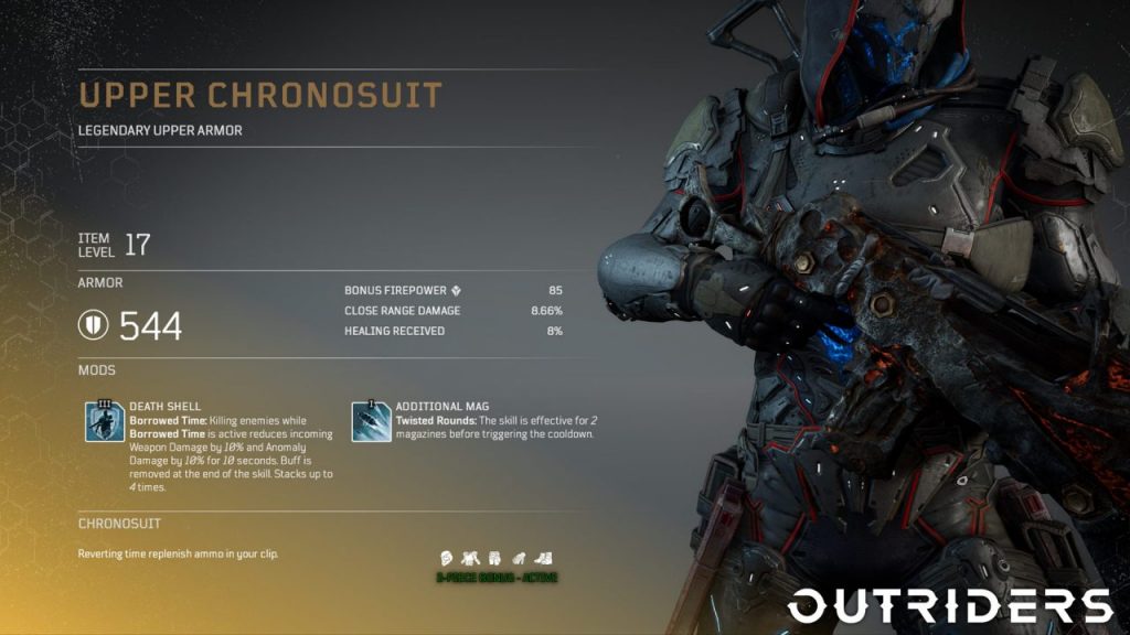 Soluce armure set légendaire sur Outriders, classe illusionniste, armure chronosuit, pc , ps4, ps5, xbox, guide astuce