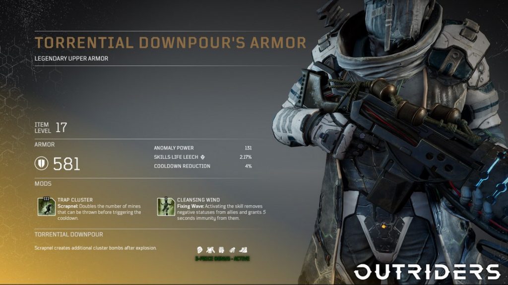 Soluce armure set légendaire sur Outriders, classe techonmage, armure déluge torrentielle, pc , ps4, ps5, xbox, guide astuce