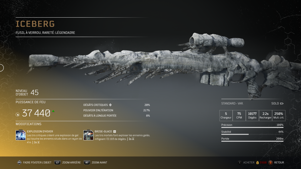 iceberg - fusil à verrou légendaire arme légendaire Outriders, soluce, astuce, guide, pc, ps4, ps5, xbox, bonus d'arme