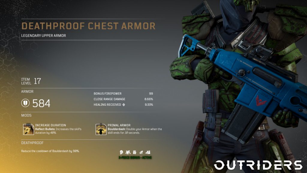 Soluce armure set légendaire sur Outriders, classe telluriste, armure à l'épreuve de la mort, pc , ps4, ps5, xbox, guide astuce