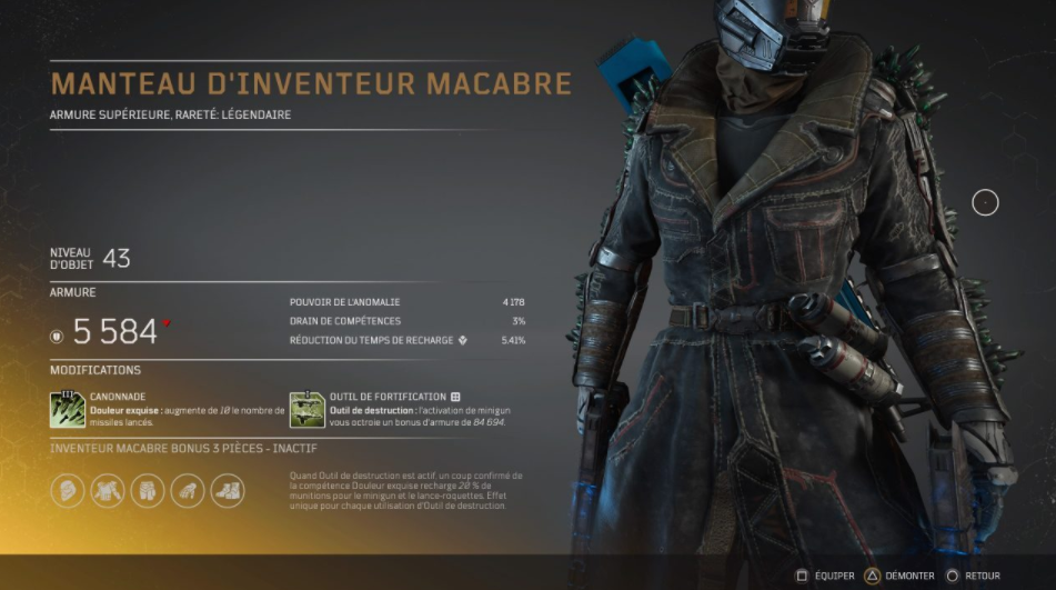 Soluce armure set légendaire sur Outriders, classe techonmage, armure inventeur macabre, pc , ps4, ps5, xbox, guide astuce