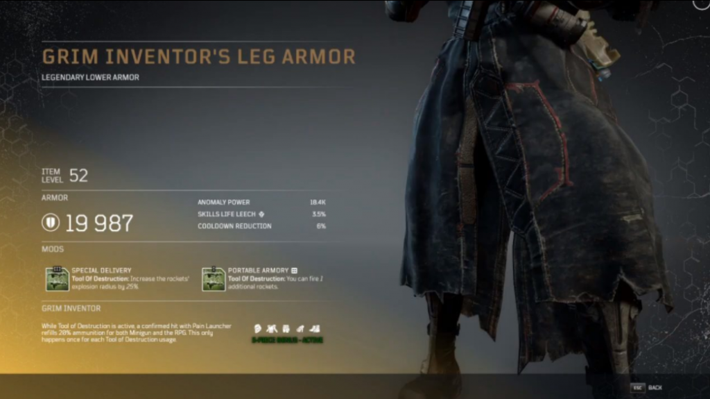 Soluce armure set légendaire sur Outriders, classe techonmage, armure inventeur macabre, pc , ps4, ps5, xbox, guide astuce