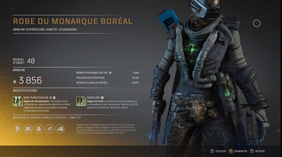 Soluce armure set légendaire sur Outriders, classe techonmage, armure monarque boréal, pc , ps4, ps5, xbox, guide astuce