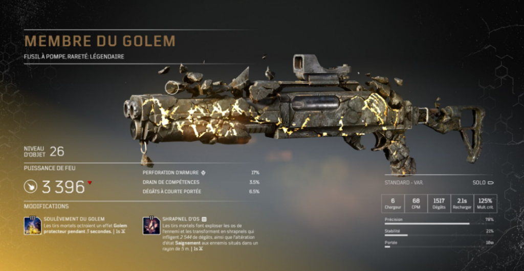 membre du golem - Fusil à pompe légendaire arme légendaire Outriders, soluce, astuce, guide, pc, ps4, ps5, xbox, bonus d'arme