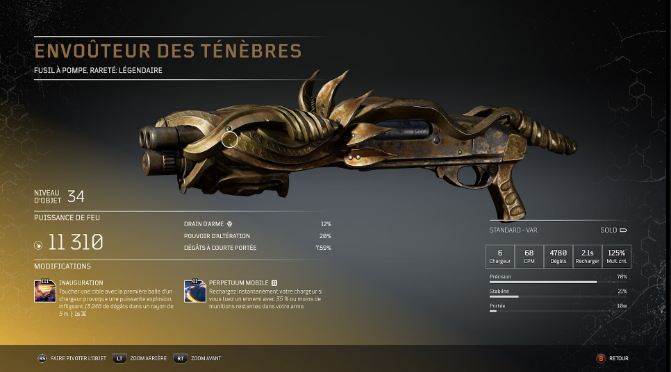 envoûteur des ténèbres  - Fusil à pompe légendaire arme légendaire Outriders, soluce, astuce, guide, pc, ps4, ps5, xbox, bonus d'arme