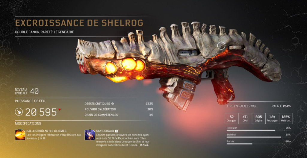 excroissance de shelrog - Double pistolet légendaire arme légendaire Outriders, soluce, astuce, guide, pc, ps4, ps5, xbox, bonus d'arme