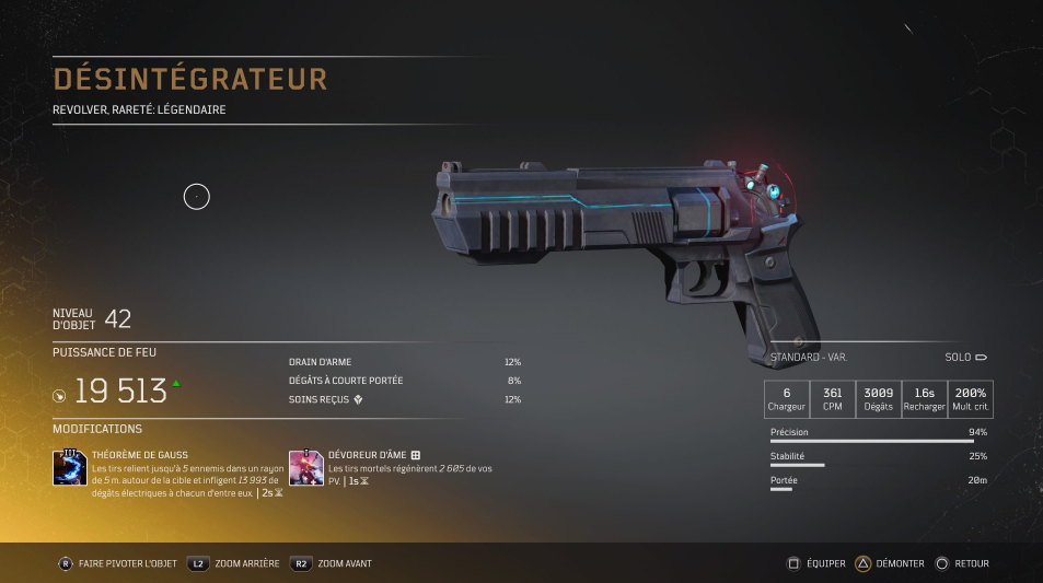 désintégrateur- Pistolet légendaire arme légendaire Outriders, soluce, astuce, guide, pc, ps4, ps5, xbox, bonus d'arme