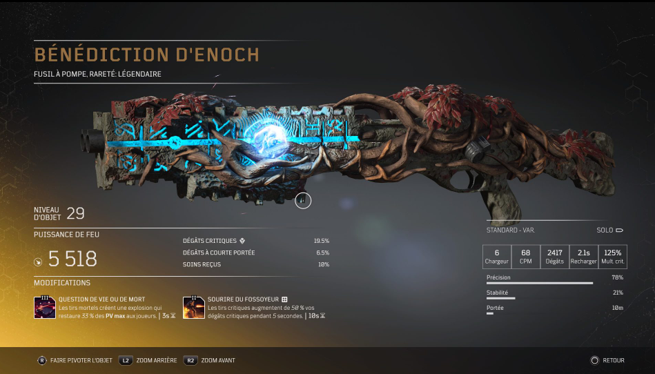 bénédiction d'enoch  - Fusil à pompe légendaire arme légendaire Outriders, soluce, astuce, guide, pc, ps4, ps5, xbox, bonus d'arme