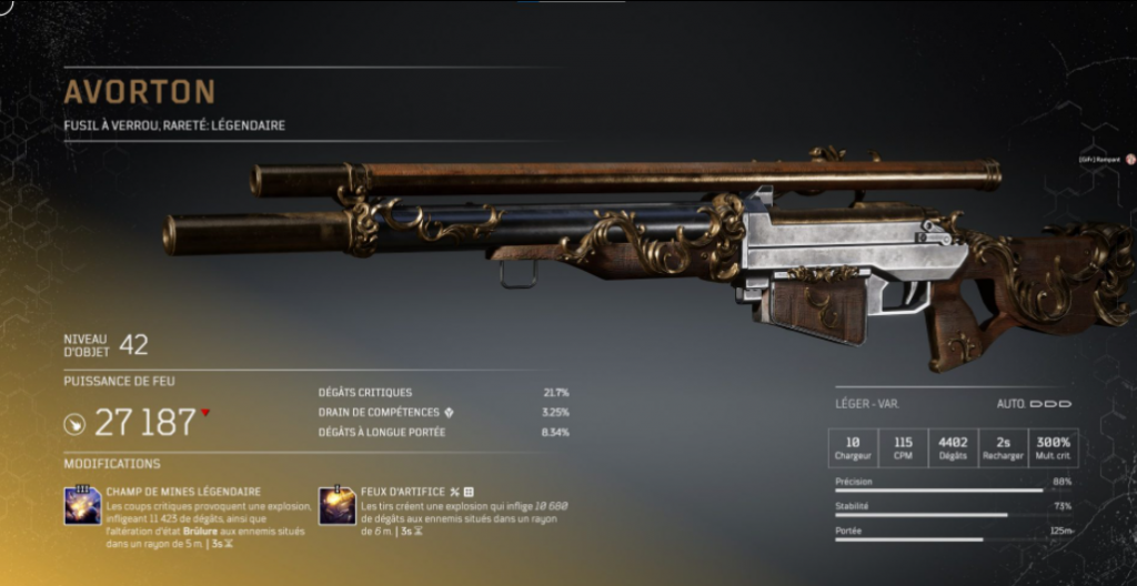 avorton - fusil à verrou légendaire arme légendaire Outriders, soluce, astuce, guide, pc, ps4, ps5, xbox, bonus d'arme