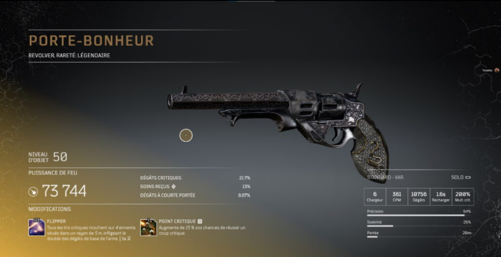 porte bonheur - Pistolet légendaire arme légendaire Outriders, soluce, astuce, guide, pc, ps4, ps5, xbox, bonus d'arme