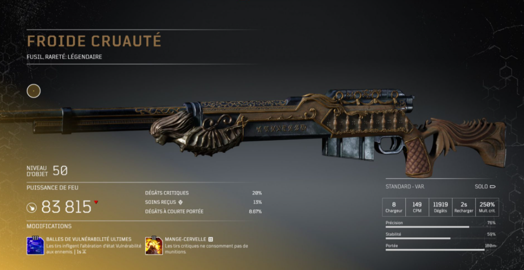 froide cruauté - Fusil légendaire Outriders, soluce, astuce, guide, pc, ps4, ps5, xbox, bonus d'arme