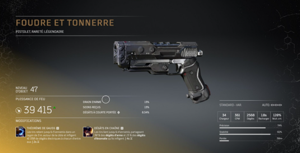 foudre et tonnerre - Pistolet légendaire arme légendaire Outriders, soluce, astuce, guide, pc, ps4, ps5, xbox, bonus d'arme