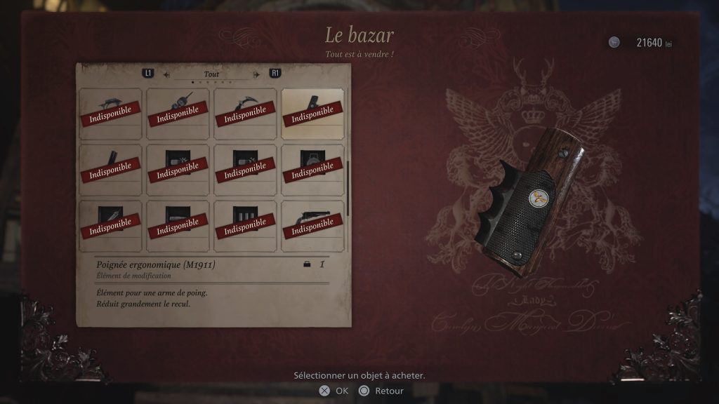 resident evil 8 village, M1911 arme de poing, emplacement de toute les arme et accessoire du jeu, soluce, astuce, guide, re 8, pc, ps5, resident evil village, amélioration, élément de modification, poignée ergonomique M1911