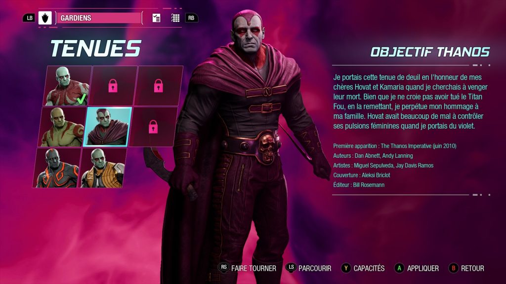 Marvel's Guardians of the Galaxy costume tenue soluce guide fr xbox playstation pc nintendo switch star lord drax gamora rocket groo