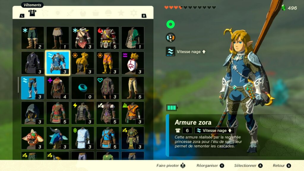 zelda tears of the kingdom, totk, astuce, guide, soluce, toutes les tenues, nintendo siwtch oled, tenue armure zora