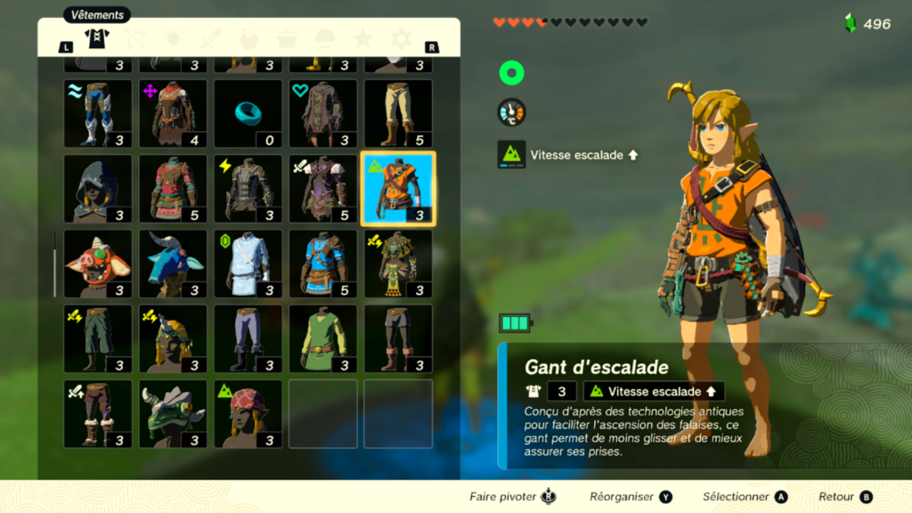 zelda tears of the kingdom, totk, astuce, guide, soluce, toutes les tenues, nintendo siwtch oled, tenue escalade