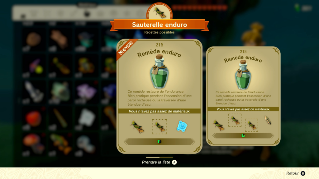 zelda tears of the kingdom, totk, astuce, guide, soluce, toutes les recettes, nintendo siwtch oled, recette remède enduro