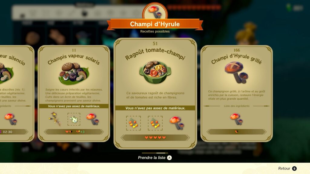 zelda tears of the kingdom, totk, astuce, guide, soluce, toutes les recettes, nintendo siwtch oled, recette ragoût tomate-champi