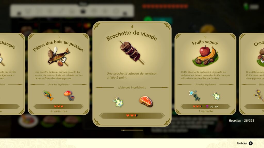 zelda tears of the kingdom, totk, astuce, guide, soluce, toutes les recettes, nintendo siwtch oled, recette brochette de viande