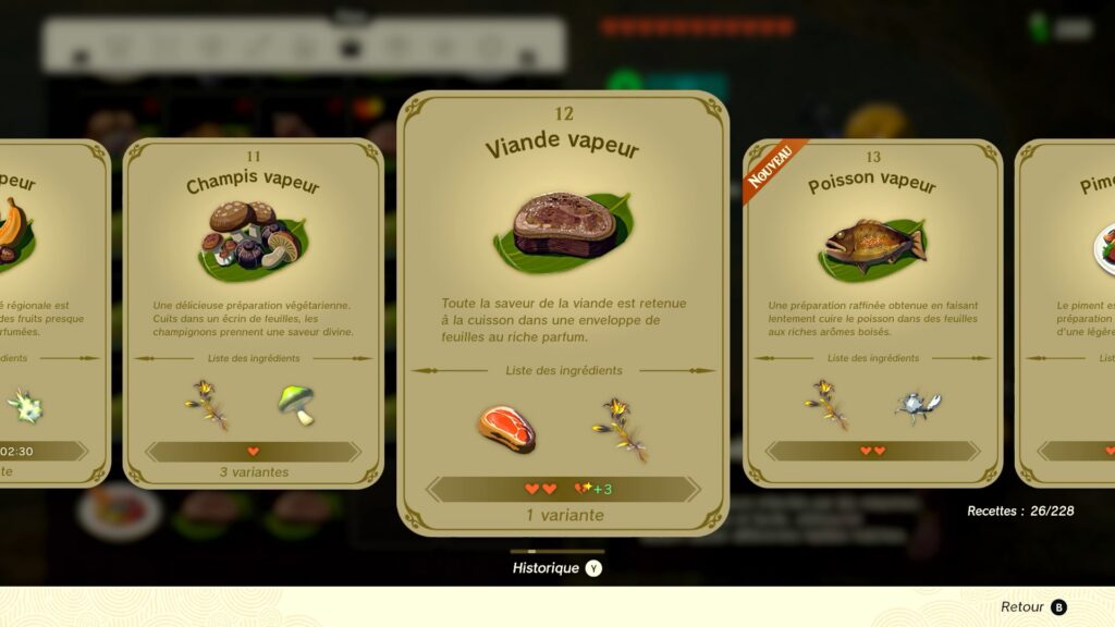 zelda tears of the kingdom, totk, astuce, guide, soluce, toutes les recettes, nintendo siwtch oled, recette viande vapeur