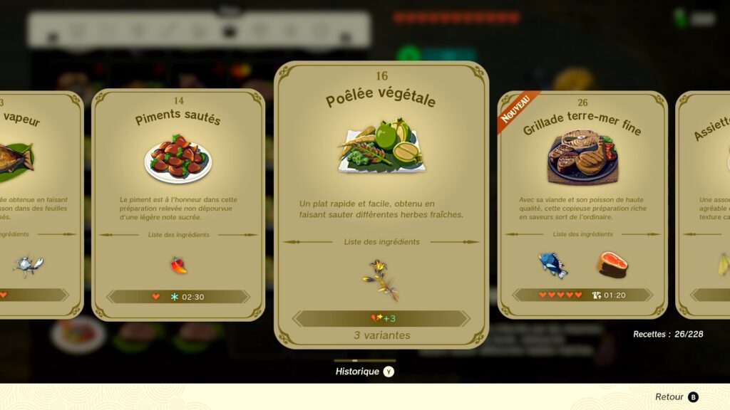 zelda tears of the kingdom, totk, astuce, guide, soluce, toutes les recettes, nintendo siwtch oled, recette poêlée végétale