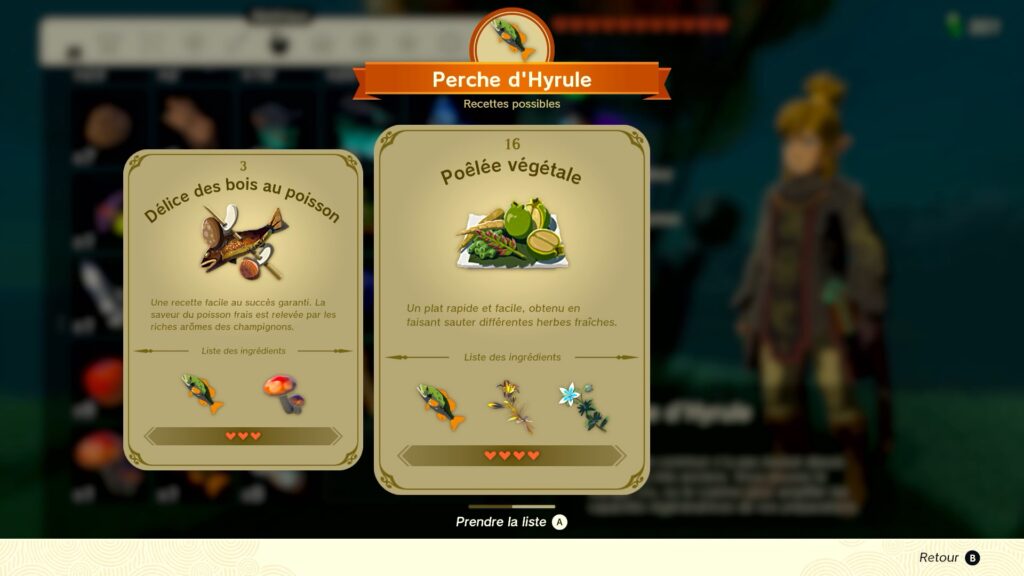 zelda tears of the kingdom, totk, astuce, guide, soluce, toutes les recettes, nintendo siwtch oled, recette poêlée végétale