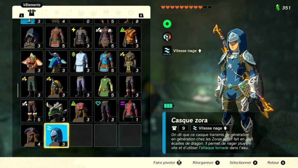 zelda tears of the kingdom, totk, astuce, guide, soluce, toutes les tenues, nintendo siwtch oled, tenue armure zora