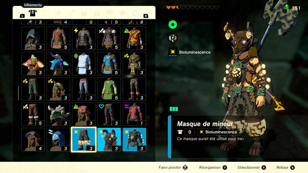 zelda tears of the kingdom, totk, astuce, guide, soluce, toutes les tenues, nintendo siwtch oled, tenue de mineur