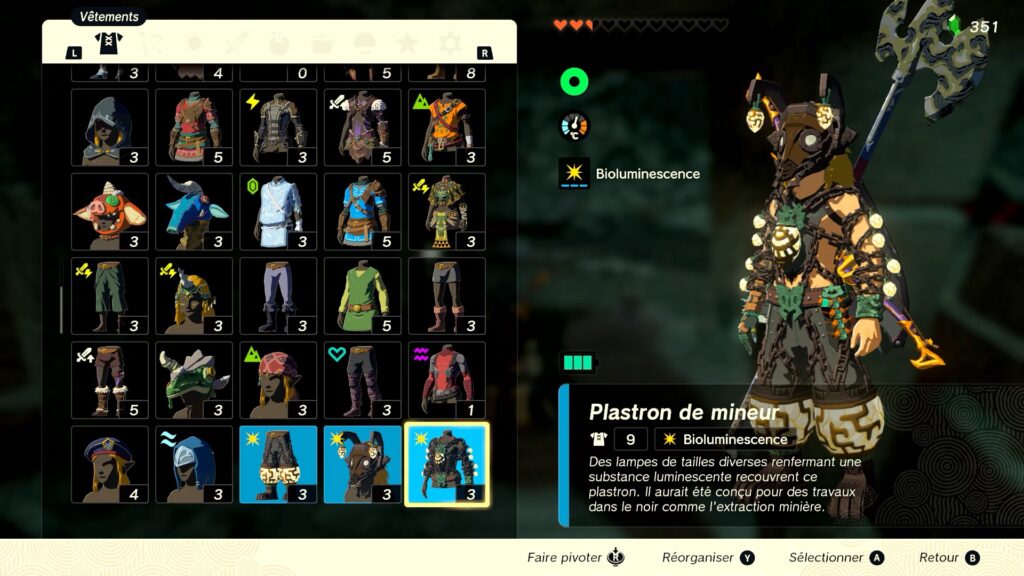 zelda tears of the kingdom, totk, astuce, guide, soluce, toutes les tenues, nintendo siwtch oled, tenue de mineur