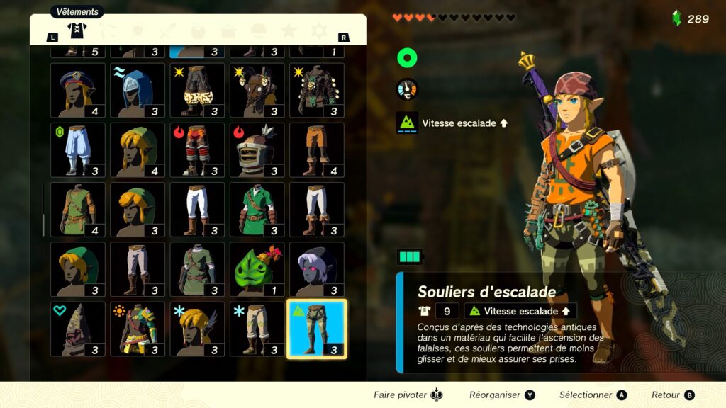 zelda tears of the kingdom, totk, astuce, guide, soluce, toutes les tenues, nintendo siwtch oled, tenue escalade