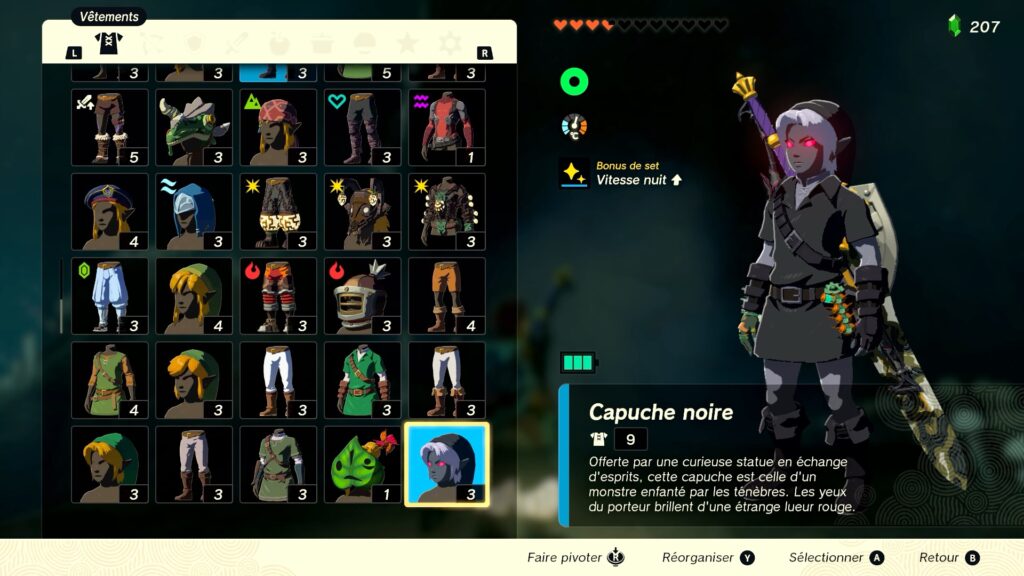 zelda tears of the kingdom, totk, astuce, guide, soluce, toutes les tenues, nintendo siwtch oled, tenue noire