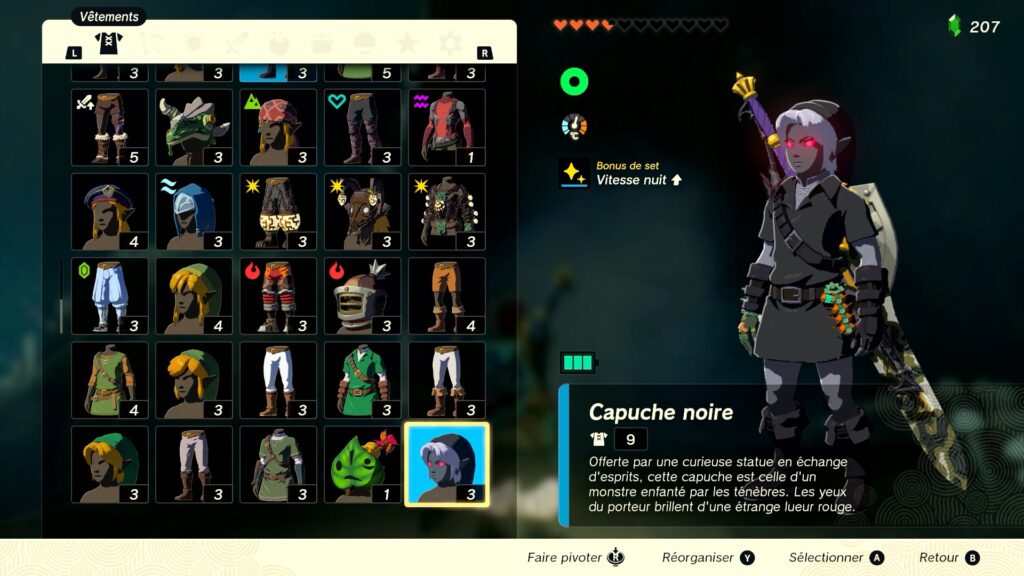 zelda tears of the kingdom, totk, astuce, guide, soluce, toutes les tenues, nintendo siwtch oled, tenue noire