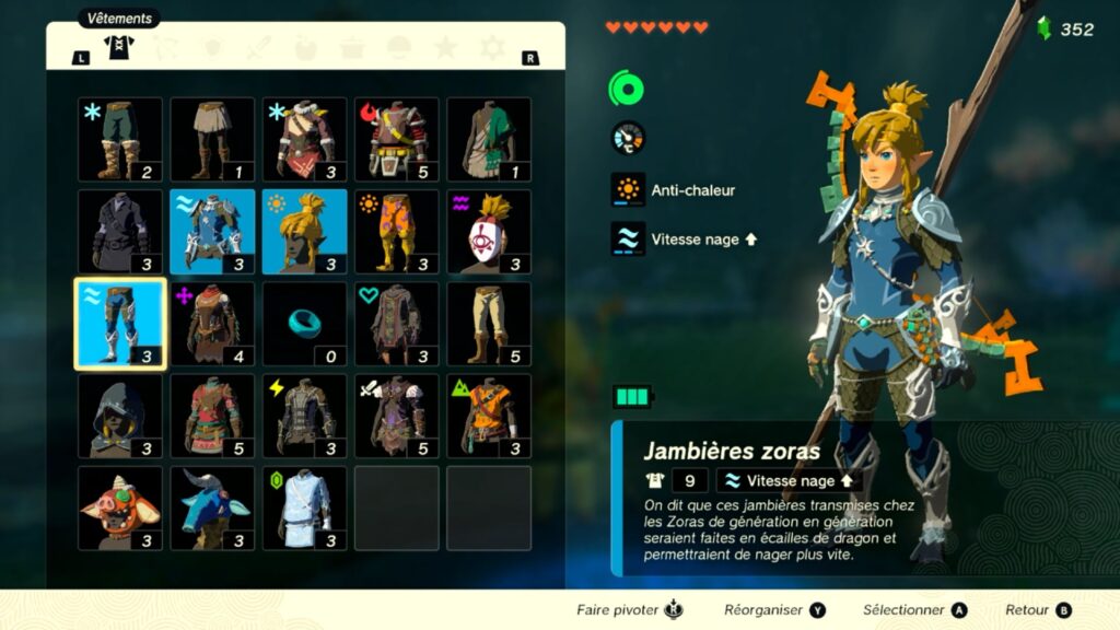 zelda tears of the kingdom, totk, astuce, guide, soluce, toutes les tenues, nintendo siwtch oled, tenue armure zora