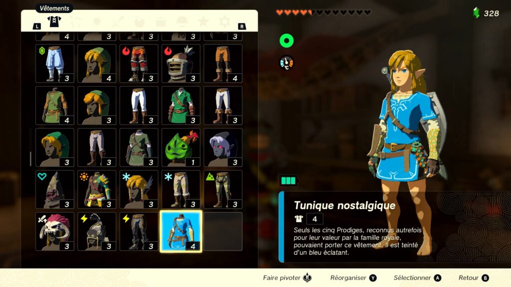 zelda tears of the kingdom, totk, astuce, guide, soluce, toutes les tenues, nintendo siwtch oled, tenue tunique nostalgique breath of the wild