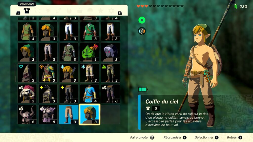 zelda tears of the kingdom, totk, astuce, guide, soluce, toutes les tenues, nintendo siwtch oled, tenue du ciel Skyward sword