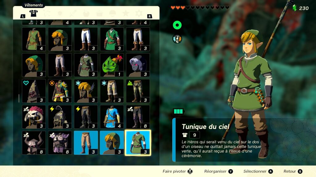 zelda tears of the kingdom, totk, astuce, guide, soluce, toutes les tenues, nintendo siwtch oled, tenue du ciel Skyward sword