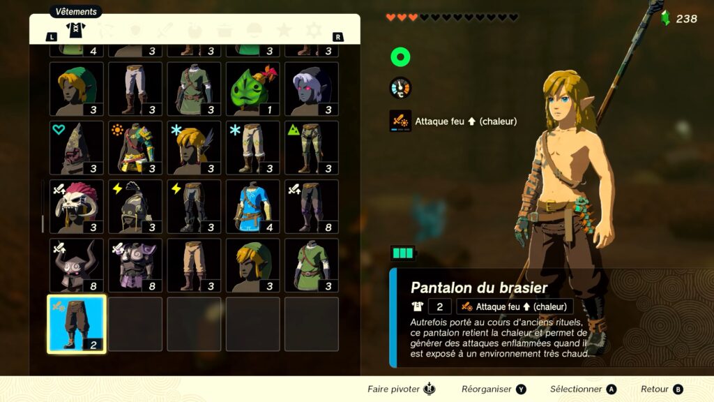 zelda tears of the kingdom, totk, astuce, guide, soluce, toutes les tenues, nintendo siwtch oled, tenue du brasier