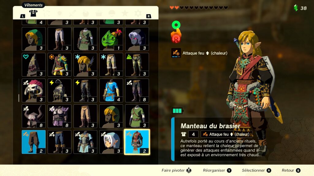 zelda tears of the kingdom, totk, astuce, guide, soluce, toutes les tenues, nintendo siwtch oled, tenue du brasier