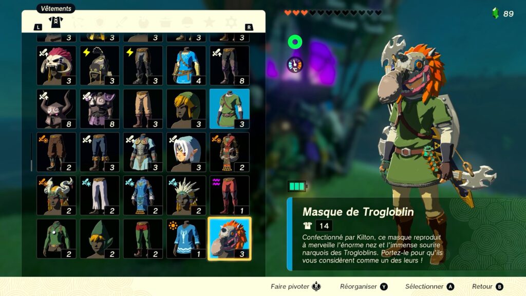 zelda tears of the kingdom, totk, astuce, guide, soluce, toutes les tenues, nintendo siwtch oled, tenue masque de trogloblin