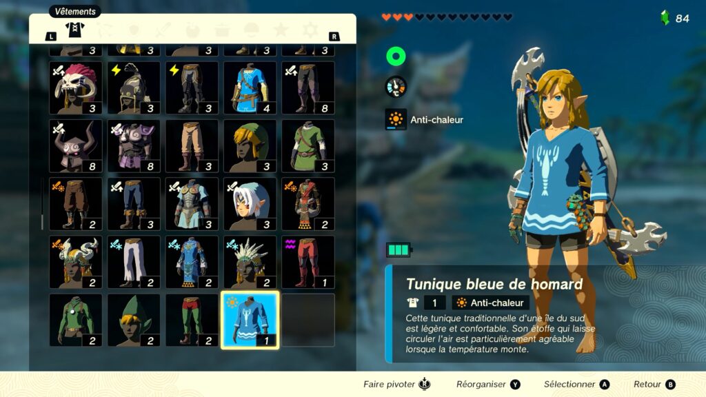 zelda tears of the kingdom, totk, astuce, guide, soluce, toutes les tenues, nintendo siwtch oled, tenue tunique bleue de homard