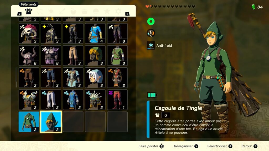 zelda tears of the kingdom, totk, astuce, guide, soluce, toutes les tenues, nintendo siwtch oled, tenue de tingle