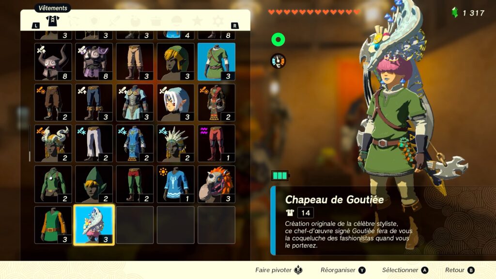 zelda tears of the kingdom, totk, astuce, guide, soluce, toutes les tenues, nintendo siwtch oled, tenue chapeau de goutiée