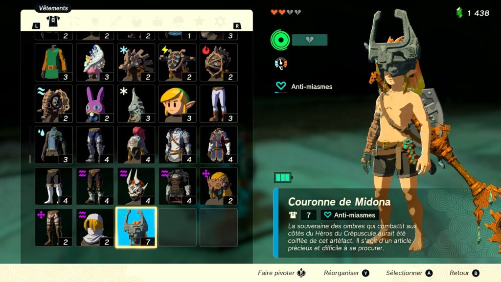 zelda tears of the kingdom, totk, astuce, guide, soluce, toutes les tenues, nintendo siwtch oled, tenue couronne de midona