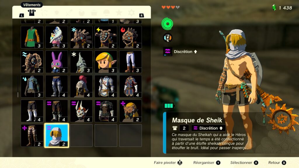 zelda tears of the kingdom, totk, astuce, guide, soluce, toutes les tenues, nintendo siwtch oled, tenue masque de sheik