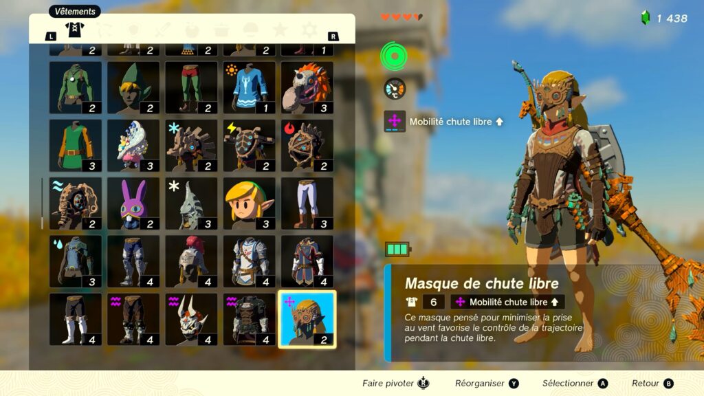 zelda tears of the kingdom, totk, astuce, guide, soluce, toutes les tenues, nintendo siwtch oled, tenue de chute libre