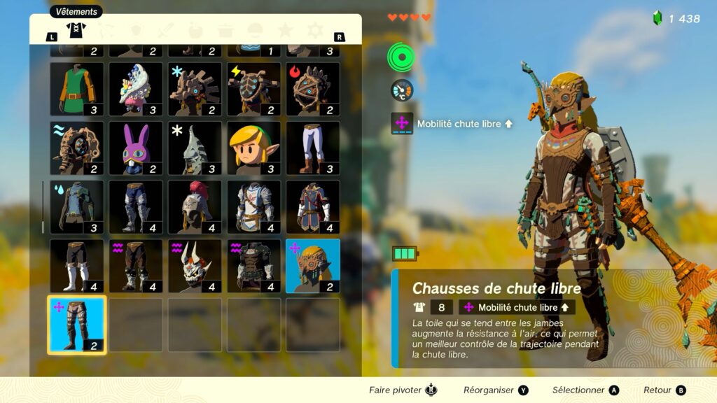 zelda tears of the kingdom, totk, astuce, guide, soluce, toutes les tenues, nintendo siwtch oled, tenue de chute libre