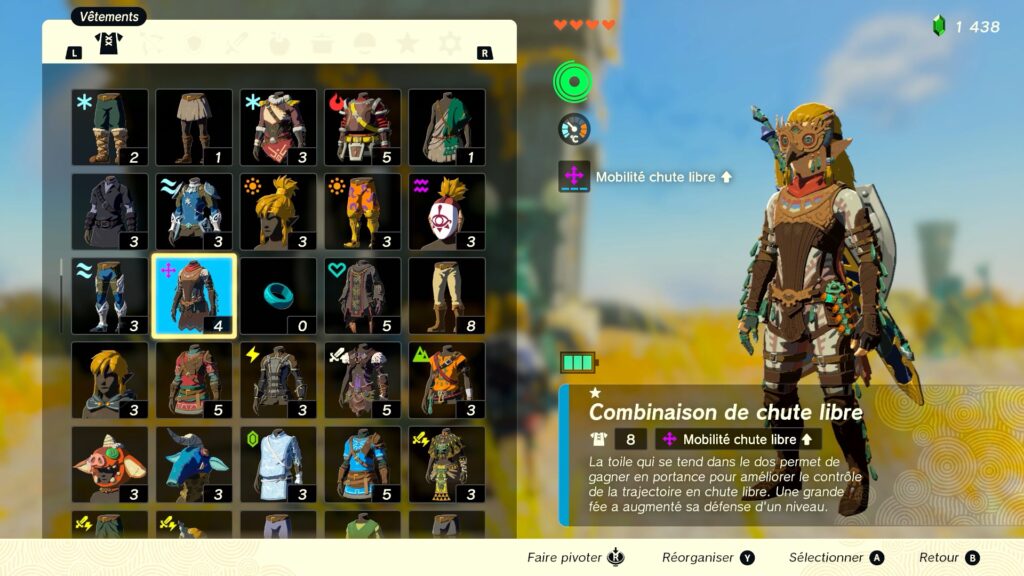 zelda tears of the kingdom, totk, astuce, guide, soluce, toutes les tenues, nintendo siwtch oled, tenue de chute libre