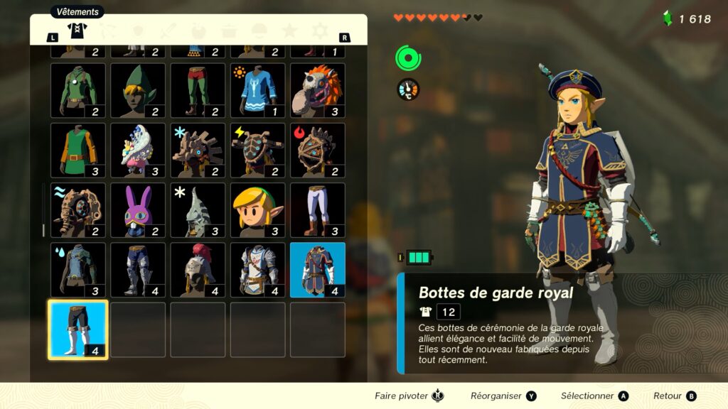 zelda tears of the kingdom, totk, astuce, guide, soluce, toutes les tenues, nintendo siwtch oled, tenue de garde royale