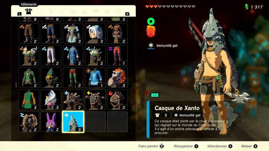 zelda tears of the kingdom, totk, astuce, guide, soluce, toutes les tenues, nintendo siwtch oled, tenue casque de xanto