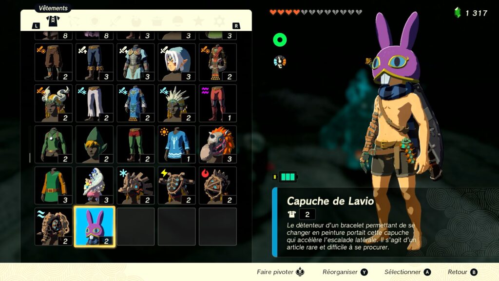 zelda tears of the kingdom, totk, astuce, guide, soluce, toutes les tenues, nintendo siwtch oled, tenue capuche de lavio